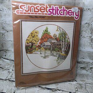 Vintage Sunset Designs Stitchery Crewel Embroidery Kit 2473 Fall Mill Pond 16x16